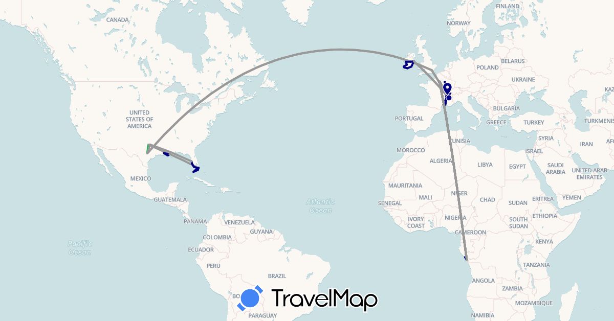 TravelMap itinerary: driving, bus, plane, train in Republic of the Congo, Switzerland, France, United Kingdom, Ireland, United States (Africa, Europe, North America)